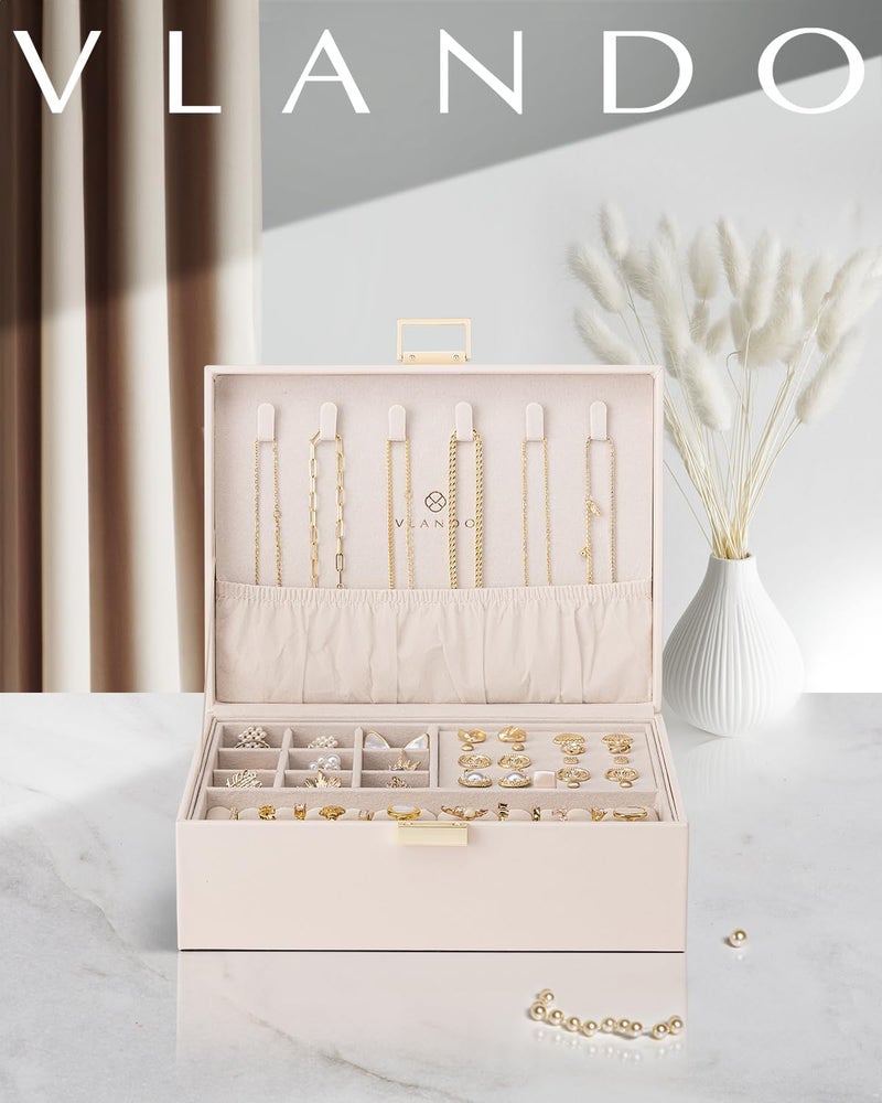Vlando 2 Layer Jewelry Box Large Jewelry Organizer for Women Removable Jewelery Tray for Necklace Earrings Rings Bracelets Christmas Gifts for Mom Wife (Light Pink) - Image 2